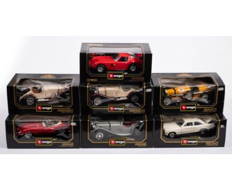 Bburago. A boxed group of six 1/18th scale sports cars: including 3009 Mercedes Benz SSK (1928), 3016 Jaguar E Cabriolet (196