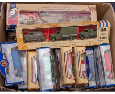 Lledo and Oxford. A boxed group of commemorative sets and vintage commercial  vehicles: including US Army, Royal Air Force an