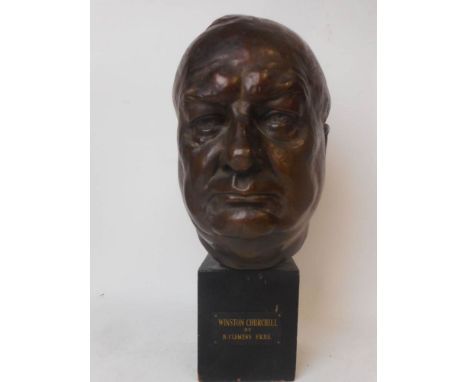 After B Clemens F.R.B.S. a bronzed copper bust of Winston Churchill: mounted on a wood base, overall height 31cm.