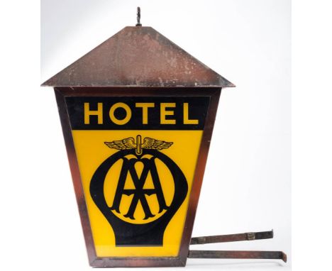 A mid 20th century  'AA Hotel'  hanging lantern sign: the Japanned body with two glass panels to either side with 'Hotel' ove
