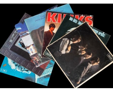 A group of eight vinyl albums including early issues of ROLLING STONES and The KINKS together with others by the Moody Blues,