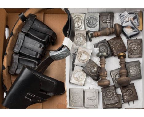 A collection of  reproduction German military belt buckles: together with a leather belt with holster, a cartridge pouch and 