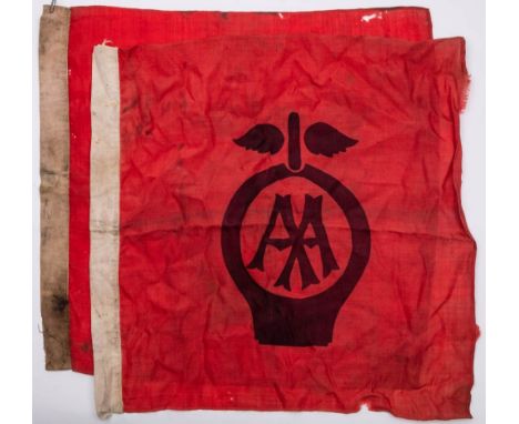 Two vintage AA flags: red with central black stencilled emblem, 60 x 65cm (2 ) (worn) 