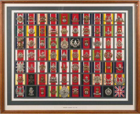 A framed collection of British Infantry cap badges: including Middlesex Regiment, East Surrey Regiment, West Yorkshire, The B