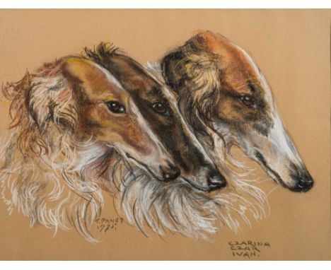 Truda Panet 20th Century. 'Czarina,Czar and Ivan' pastel portraits of dog's heads,: 43 x 56 together with one other portrait 