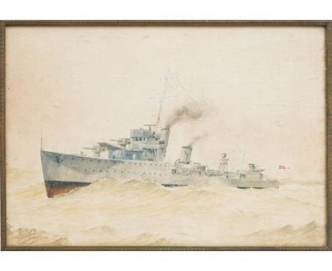 A watercolour ship portrait ,HMS Woolaston:at speed on a swell,  title in red lower left corner, signed lower right 'E Parfil
