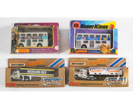 Matchbox. Two boxed Londoner Souvenir Buses: KRW-15 and K-15 together with two Convoy series commercial vehicles (4)