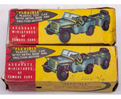 Two Empire made No.123 Jeep: green plastic body with folding windshield (one missing) light green driver figure and black pla