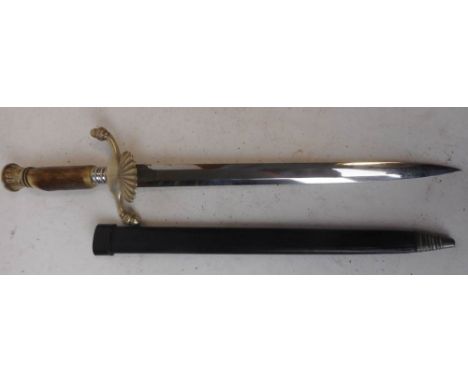 A German hunting hanger: with 24cm double edged blade marked Soligen, Germany, the quillion with acorn finials and antler han