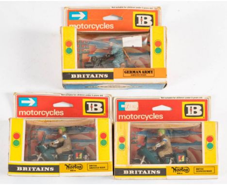 Britains Motorcycle range.: Two 9672 Norton 850cc  British Dispatch Rider and one 9679 German Army Dispatch Rider (3) 