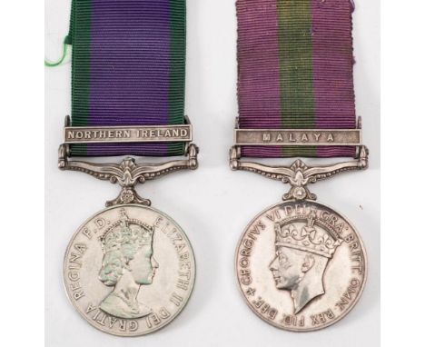 A George VI General Service medal with Malaya clasp to 'T/14440446 Cpl. F E Gwynn RASC': and an Elizabeth II General Service 