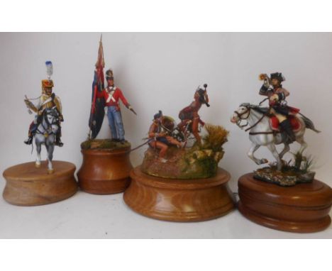 Four resin and white metal large scale hand painted figures: includes Napoleonic cavalry bugler, Marlborough War cavalry bugl