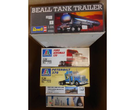 Revell, Italeri and others 1/25th scale: Ford Aero Max 120 Truck, Peterbilt 378 Truck,  beall Tank Trailer, 1/24th Bugatti Ro