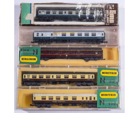 Three Minitrix N gauge passenger coaches: together with a Hornby Minitrix BR passenger coach and a Lima passenger coach (5) 