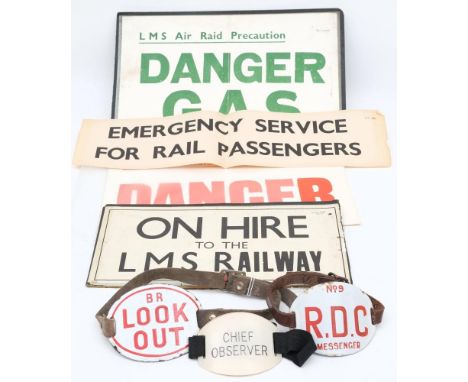 Three WWII period LMS Air Raid Precaution signs' Danger' and 'Danger Gas' (x2):, one mounted on card, together with a bus sig