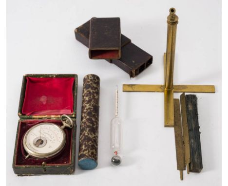 A 19th Century brass folding face screen in case: together with a French amp meter in case and a glass tube thermometer.