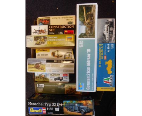 Mini Art,  Heller, Revell and others a collection of assorted model kits: including AFV's, artillery pieces, fire engine, etc
