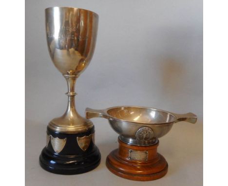 A silver twin handled presentation porringer, maker S.L, Birmingham, 1928: bears badge for Edinburgh & District Motor Club, 1