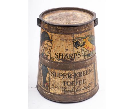 A Sharps Superior toffee tin, in the form of a rum barrel with swing handle and lithograph decoration, 32cm high: