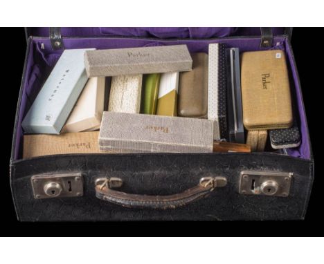 A collection of vintage fountain pen boxes, mostly Parker: including  '51' and '61' cases and others, together in a black lea
