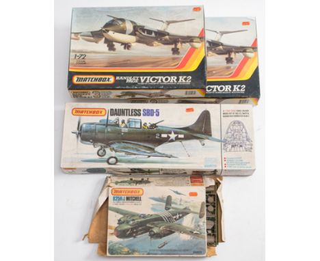 Four Matchbox scale model aircraft kits: comprising two PK551 'Victor K.2' a PK-503 'Douglass Dauntless' and B25H/J 'Mitchell