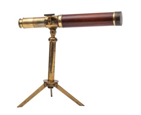 A 19th century three draw telescope by Hemsley London: with 7 inch teak main tube, signed as per title, mounted on a lacquere