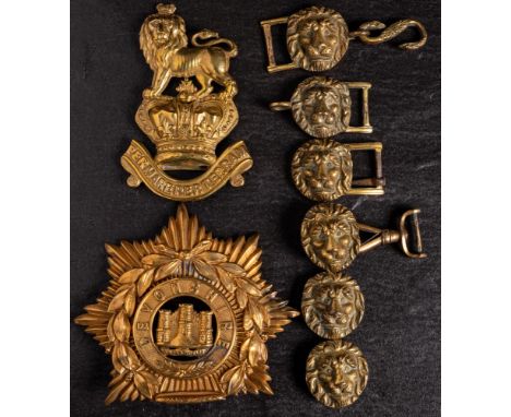 A Victorian brass Royal Marines valise badge: together with a Devon Light Infantry helmet plate and a group of 19th century m