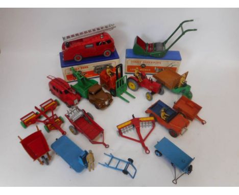 Dinky -  a collection of assorted farm and other vehicles: including No 555 Fire Engine, No 751 Lawn mower, both boxed, Clima