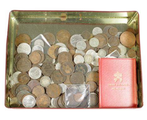 Italy, accumulation in a biscuit tin, 18th-20thC mixed grade, silver noted.