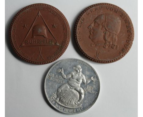 German Post-WWI tokens, 2x ceramic and 1 aluminium.