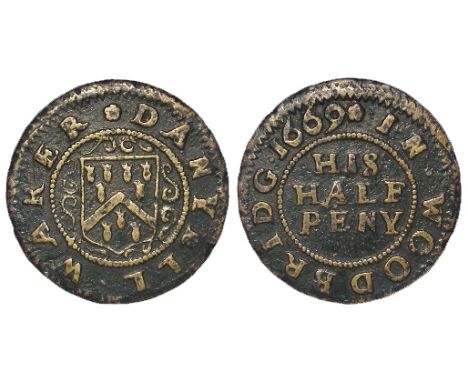 Woodbridge of Danyall Waker, Grocer, his halfpenny of 1669, Dickinson 365, with nice old pen and ink ticket, VF