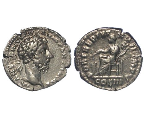 Marcus Aurelius silver denarius, Rome Mint 168 A.D., reverse:- Fortuna seated left, holding rudder and cornucopiae, RIC 185, 