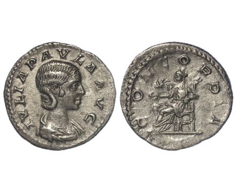 Julia Paula silver denarius, Rome Mint 220 A.D., reverse:- Concordia enthroned left, holding patera, star in left field, Sear