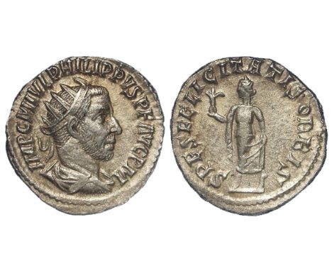 Philip I silver antoninianus, mint probably Antioch 244-245 A.D., reverse reads:- SPES FELICITAS ORBIS, Spes advancing left, 