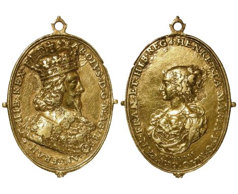 Charles I and Henrietta Maria, oval silver-gilt Memorial badge, their busts each side, with top attachment by T. Rawling, wit