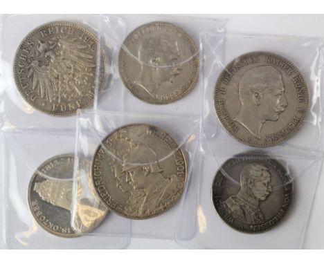 Germany, Imperial (6) mostly Prussian silver 5 and 10 Marks 1901 to1914 nVF to EF, and a Saxony Battle of Leipzig Centennial 
