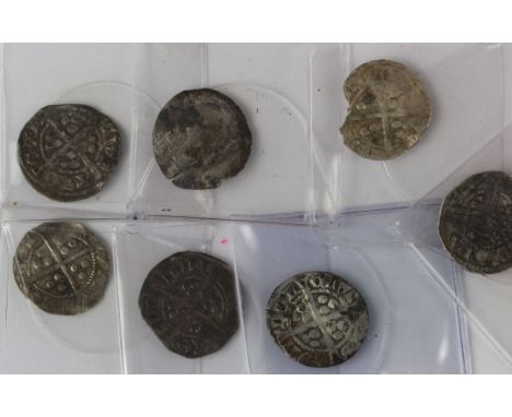Edwardian silver pennies, 2 x London, 2 x Canterbury and  one flat and cracked, 1 x Long Cross, 'turned in the die' and a Hen