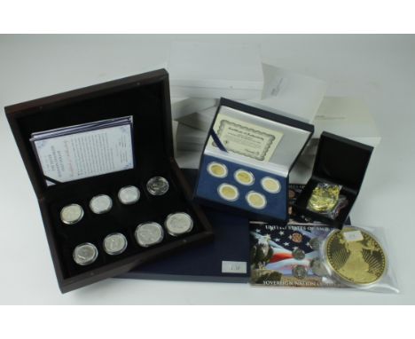 USA Gold Plated State Quarters (50) in 10 five coin presentation boxes,. Sovereign Nation 6 coin mint sets (3) Sioux, Loy Coy