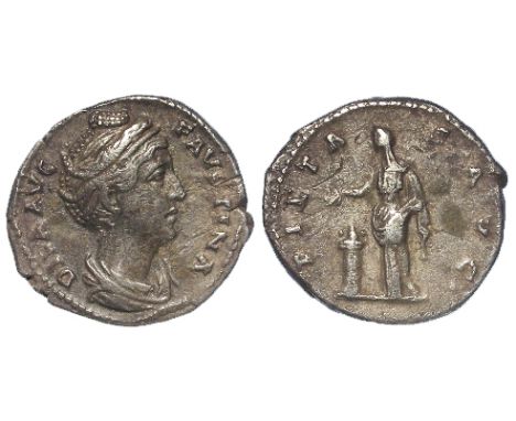 Diva Faustina Senior silver denarius, struck by her husband Antoninus Pius, Rome Mint 145 A.D., reverse reads:- PIETAS AVG, P