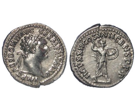 Domitian silver denarius, Rome Mint 95 A.D., reverse:- IMP XXI I COS XVI I CENS P P P, Minerva standing right, holding javeli