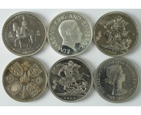 GB Crowns (6) 1951 (2) Unc, 1953 Proofs (2) Unc to nFDC and lustrous, 1960 Polished Die, Lustrous Unc, and Edward VIII 1936 a