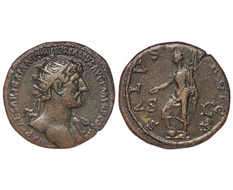 Hadrian brass dupondius, Rome Mint 119 A.D., reverse:- Salus-Fortuna standing left, foot on globe, legend:- SALVS PVBLICA S C