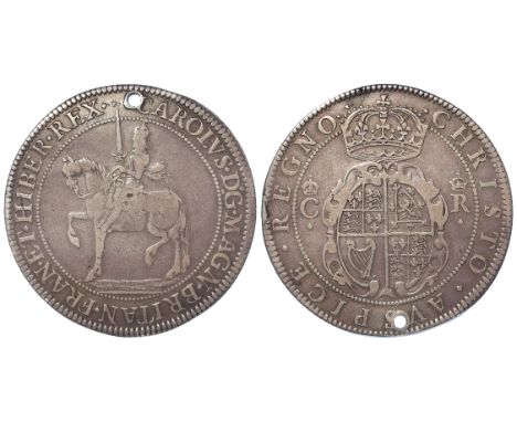 Charles I silver crown from the First Milled Series by Nicholas Briot, King on horseback, left / Crowned oval shield between 