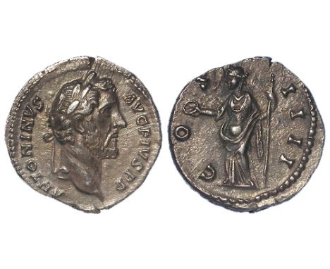 Antoninus Pius silver denarius, Rome Mint 147 A.D., reverse reads:- COS I I I I, clementia standing left, holding patera and 