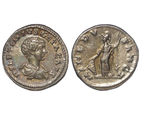 Geta as Caesar, silver denarius, Laodicea MInt 199-200 A.D., reverse reads:- MINERV SANCT, Minerva standing left, resting on 