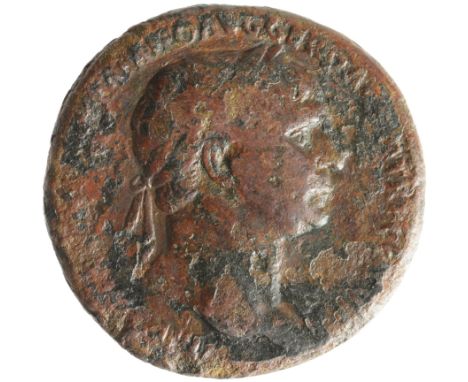 Trajan sestertius, Rome Mint 107 A.D., reverse:- Trajan in military attire, standing left, holding thunderbolt and spear, cro
