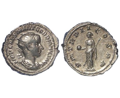 Gordian III silver antoninianus, Rome Mint 239 A.D., reverse reads:- P M TR P I I COS P P,Providentia standing left, holding 