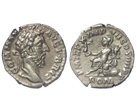 Commodus silver denarius, Rome Mint 184 A.D., reverse:- Roma seated left on cuirass, holding Victory and cornucopiae, Sear 56