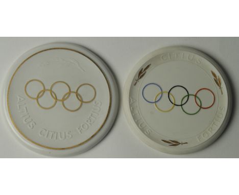 East German Olympic Committee Award Medal given only to Olympic Medal Winners, white meissen porcelain with Olympic rings to 