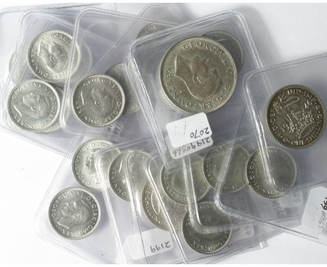 GB George VI Silver (21): Florin 1937, 2x Shilling 1946, 2x Sixpence 1942, and 16x Sixpence 1946, many with lustre.